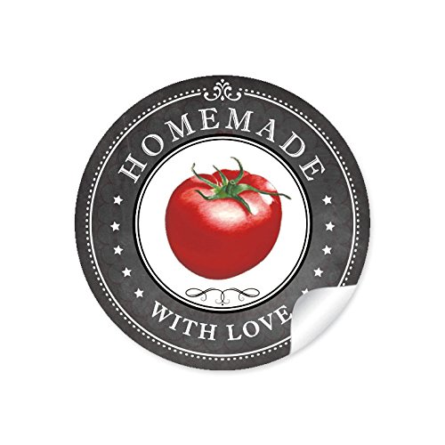 24 STICKER: Süße Aufkleber in Schwarz/Kreidetafel - Look mit liebevoll illustrierter Tomate"HOMEMADE WITH LOVE" • Tomatensaft, Tomatenketchup, Tomatensoße, Pesto, Antipasti • 4 cm, rund, matt von fioniony