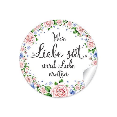 24 STICKER: "Wer Liebe sät, wird Liebe ernten" Schöne Etiketten in WEIß ROSA GRÜN BLAU im Vintage-Retro-Style mit liebevoll illustrierten Rosen und Hortensien Kranz (4 cm, rund, matt) von fioniony