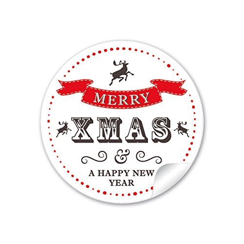 24 Weihnachtsaufkleber VERY MERRY XMAS & A HAPPY NEW YEAR HIRSCH WEIß ROT VINTAGE RETRO Weihnachten • Papieraufkleber Sticker Aufkleber Etiketten: 4 cm, rund, matt von fioniony