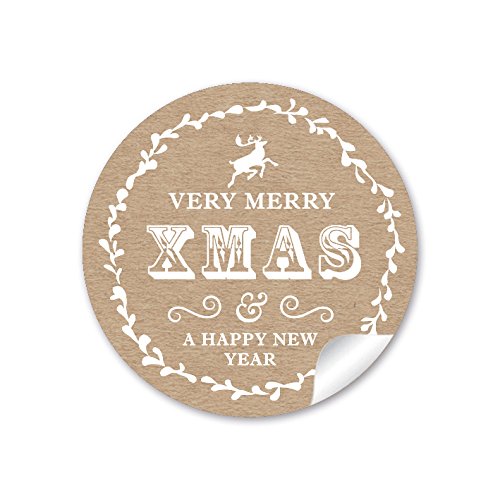 24 Weihnachtsaufkleber VERY MERRY XMAS & A HAPPY NEW YEAR Hirsch Retro NATUR BRAUN Vintage Kraftpapier Look Weihnachten • Papieraufkleber Sticker Aufkleber Etiketten • Format 4 cm rund matt von fioniony