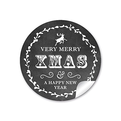 24 Weihnachtsaufkleber VERY MERRY XMAS & A HAPPY NEW YEAR Hirsch Retro SCHWARZ Vintage Kreidetafel Look Weihnachten • Papieraufkleber Sticker Aufkleber Etiketten • Format 4 cm rund matt von fioniony