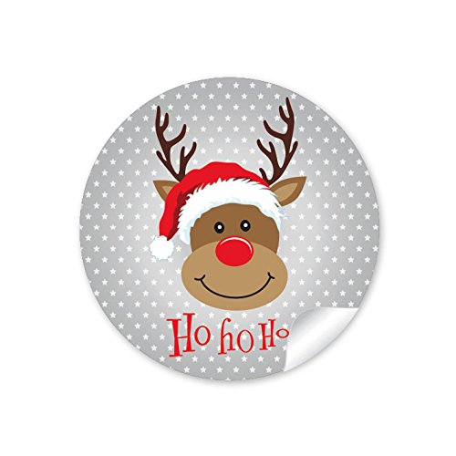 24 Weihnachtsaufkleber in Grau zu Weihnachten mit lustigem Rudolph Rentier Hirsch "HO HO HO" • Papieraufkleber/Sticker/Aufkleber/Etiketten (Format 4 cm, rund, matt) von fioniony