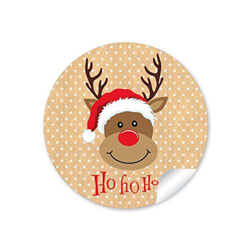 24 Weihnachtsaufkleber in Natur zu Weihnachten mit lustigem Rudolph Rentier Hirsch "HO HO HO" • Papieraufkleber/Sticker/Aufkleber/Etiketten (Format 4 cm, rund, matt) von fioniony