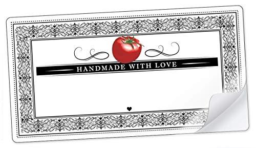 30 STICKER RECHTECKIG WEIß SCHWARZ ROT mit Tomate und Ornamente"Handmade with Love" mit Freitextfeld für Chutneys, Tomatensoße, getrocknete Tomaten • Etiketten Format: 96 mm x 50,8 mm, matt von fioniony