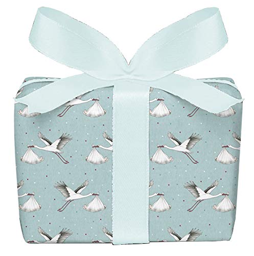 3er Set 3 Bögen Geschenkpapier zur Geburt Storch Baby mint, Verpackung Geschenke zur Geburt Taufe Glückwunsch, gedruckt auf PEFC zertifiziertem Papier, 50 x 70 cm von fioniony