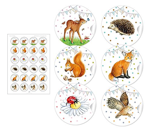 48 STICKER: Aufkleber "WALDTIERE" in gemischten Farben mit Girlande und mit 6 Tieren: Hase, Rehkitz, Fuchs, Igel für Geschenke zum Kindergeburtstag oder Waldkindergarten • (Format 4 cm, rund, matt) von fioniony