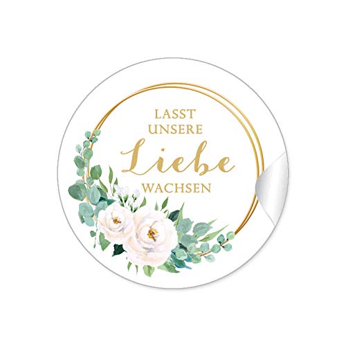 48 STICKER:"Lasst unsere Liebe wachsen" Etiketten als Gastgeschenk mit weißen Rosen und Ringe in Goldgelb (kein Echtgold) für Samen Tüten Reagenzgläser Blütensamen zur Hochzeit Geburtstag Taufe von fioniony