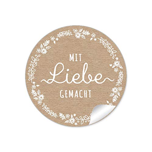 48 STICKER:"Mit Liebe gemacht" Etiketten für ihr Gastgeschenk in Natur/Kraftpapier Look mit weißer Blütenranke zum beschriften von Selbstgemachtes, Briefen oder Geschenkverpackungen von fioniony