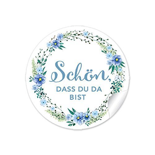 48 STICKER:"Schön, dass du da bist" in BLAU GRÜN mit Blütenkranz • Für Gastgeschenke, Hochzeit, Hochzeitsmarmelade, Tischdeko, Selbstgemachtes u.v.m. • 4cm, rund, matt von fioniony