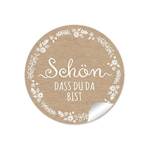 48 STICKER Schön, dass du da bist NATUR Kraftpapier Look im Shabby Chic Style mit weißer Blütenranke, Hochzeitsmarmelade, Gastgeschenke, für Selbstgemachtes. 4 cm, rund, matt von fioniony