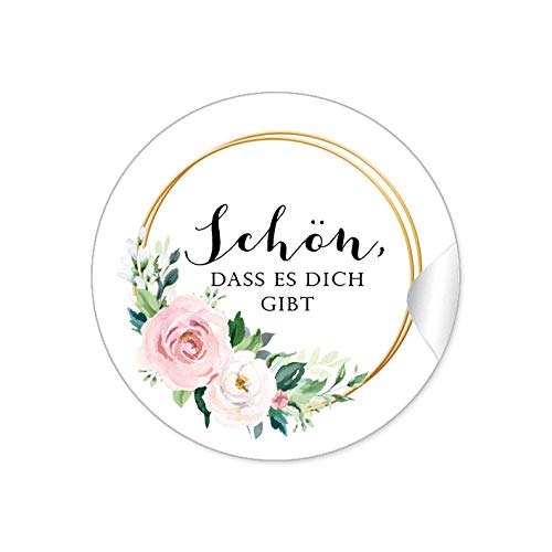 48 STICKER: "Schön, dass es dich gibt" Etiketten als Danksagung mit Rosen in Rosa und zwei Ringe in Goldgelb (kein Echtgold) als Siegel für Briefumschläge Anhänger oder Briefe zur Hochzeit Geburtstag von fioniony