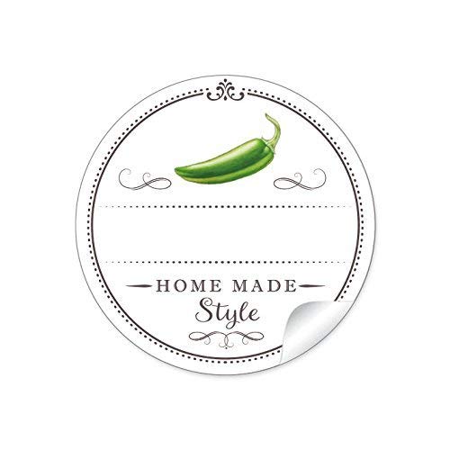 48 STICKER: Schöne Etiketten für die Küche in Weiß mit grüner Chili/Peperoni"Home Made Style" mit Freitextfeld • Papieraufkleber 4 cm, rund, matt für Chili, Gewürzdosen, Glasflaschen von fioniony