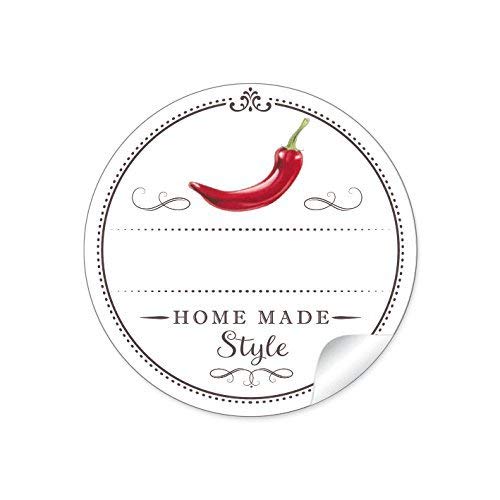 48 STICKER: Schöne Etiketten für die Küche in Weiß mit rotem Chili/Peperoni"Home Made Style" mit Freitextfeld • Papieraufkleber 4 cm, rund, matt für Chili, Gewürzdosen, Glasflaschen von fioniony