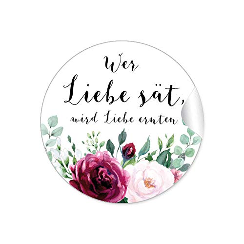 48 STICKER: "Wer Liebe sät, wird Liebe ernten" Etiketten als Gastgeschenk • BOHO HIPPIE STYLE BLÜTEN ROSEN GRÜN ROT ROSA SCHWARZ • Samen Tüten Reagenzgläser Blütensamen zur Hochzeit Geburtstag Taufe von fioniony