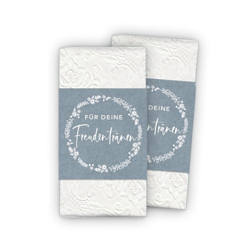 50 Freudentränen Banderolen + Klebepunkte zum verschließen - Kranz weiß Kraftpapier Look blau - Für Taschentuch Gastgeschenke Hochzeit & Taufe - Kirche Trauung Kommunion von fioniony