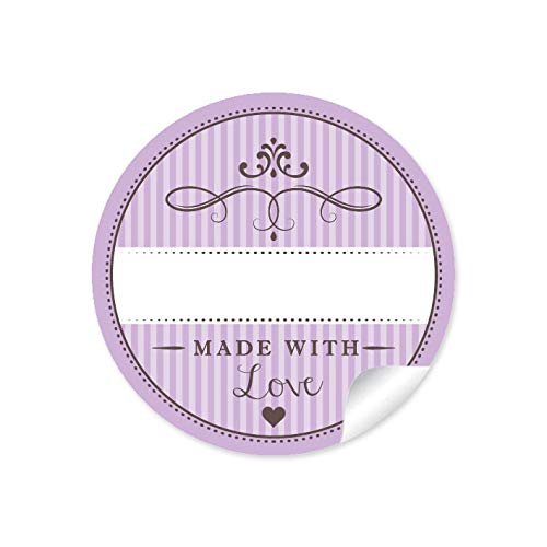 72 STICKER Edle Aufkleber in Lila mit Herz und Ornamente Made with Love mit Freitextfeld Papieraufkleber Sticker/Etiketten im 4 cm, rund, matt von fioniony