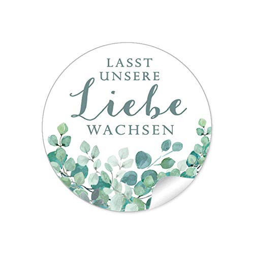 72 STICKER Hochzeit LASST UNSERE LIEBE WACHSEN EUKALYPTUS ZWEIGE GRÜN MINT WEIß Samentüten Blumentöpfe Reagenzgläser Gastgeschenk Deko Selbstgemachtes 4cm rund matt von fioniony