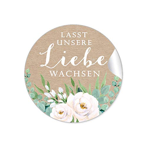 72 STICKER Hochzeit LASST UNSERE LIEBE WACHSEN • BOHO KRAFTPAPIER OPTIK BLÜTEN ROSEN GRÜN ZWEIGE WEIß BRAUN NATUR • Samentüten Blumentöpfe Reagenzglas Gastgeschenk Deko Selbstgemachtes • 4cm rund matt von fioniony