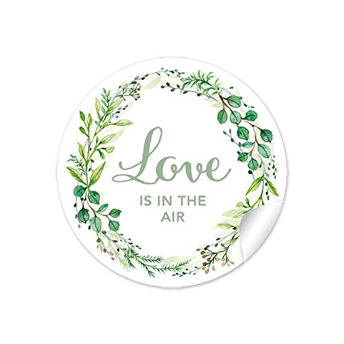 72 STICKER Love is in the Air Etiketten als Gastgeschenk mit Zweig in Grün als Dekoration für Seifenblasen Verpackungen oder Luftballons zur Hochzeit Geburtstag Taufe, Aufkleber 4 cm, rund, matt von fioniony