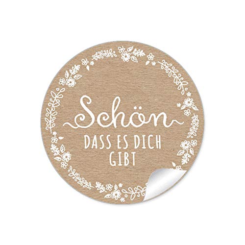 72 STICKER Schön, dass es dich gibt Etiketten als Danksagung in Natur Kraftpapier Look weiße Blütenranke als Danksagung für Gläser Geschenktüten zur Hochzeit Geburtstag Taufe, 4 cm, matt von fioniony