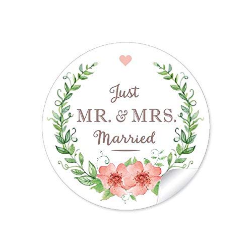 72 STICKER: Hochzeitsaufkleber"MR. & MRS. - Just Married" mit Kranz, Blüten und Herz in grün/apricot im Vintage Style zur Hochzeit • Aufkleber/Etiketten: 4 cm, rund, matt von fioniony