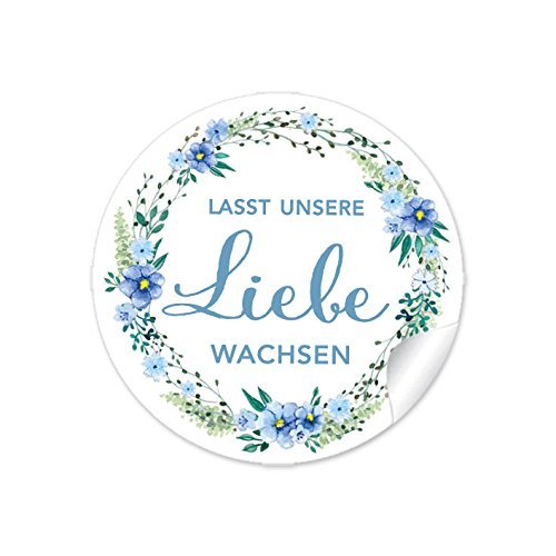 72 STICKER:"Lasst unsere Liebe wachsen" in BLAU GRÜN mit Blütenkranz • Für Gastgeschenke zur Hochzeit z.B. für kleine Samentüten, blumige und niedliche Blumentöpfe, Reagenzgläser • 4 cm, rund, matt von fioniony