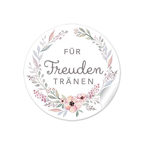 72 Sticker Für Freudentränen PASTELLFARBEN mit Blütenkranz, Für Taschentücher, Taschentuchverpackung, Gastgeschenke, Hochzeitsmarmelade, Tischdeko, Aufkleber 4 cm, rund, matt 72 Sticker Für Freudentränen PASTELLFARBEN mit Blütenkranz, Für Taschentücher, Taschentuchverpackung, Gastgeschenke, Hochzeitsmarmelade, Tischdeko, Aufkleber 4 cm, rund, matt von fioniony