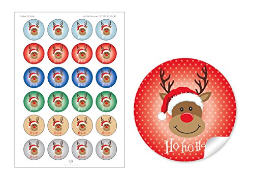 72 Weihnachtsaufkleber bunt gemischte Farben zu Weihnachten mit lustigem Rudolph Rentier Hirsch "HO HO HO" • Papieraufkleber/Sticker/Aufkleber/Etiketten (Format 4 cm, rund, matt) von fioniony