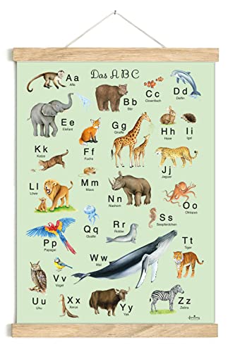 fioniony ABC POSTER 50 x 70 cm TIERE UNGERAHMT OHNE HOLZLEISTE in Grün Tierposter Alphabet Lernposter Schulanfang 1. Klasse Kinderzimmer Baby Bilder Zoo Wald Safari Kindergarten von fioniony