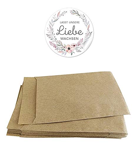 Blütensamen Tüten Set 24 Sticker "Lasst unsere Liebe wachsen" + 24 braune Flachbeutel - 63 x 93 mm Für Blüten Samen zur Hochzeit Aufkleber in PASTELL FARBEN mit Blumenkranz Blütensamen Tüten Set 24 Sticker "Lasst unsere Liebe wachsen" + 24 braune Flachbeutel - 63 x 93 mm Für Blüten Samen zur Hochzeit Aufkleber in PASTELL FARBEN mit Blumenkranz von fioniony