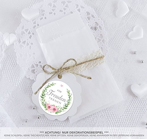 Freuden Tränen Taschentücher Set zur Hochzeit Groß 48 Sticker + 48 Pergamin Tütchen - 63 x 93 mm für Freudentränen Taschentuch Verpackungen Aufkleber in ROSA GRÜN mit Blumenkranz im Vintage Styl von fioniony