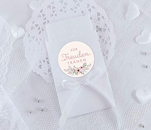 Freuden Tränen Taschentücher Set zur Hochzeit Groß 48 Sticker + 48 weiße Flachbeutel - 63 x 93 mm für Freudentränen Taschentuch Verpackungen Aufkleber CREME BLÜTEN PASTELL ROSA RETRO VINTAGE von fioniony
