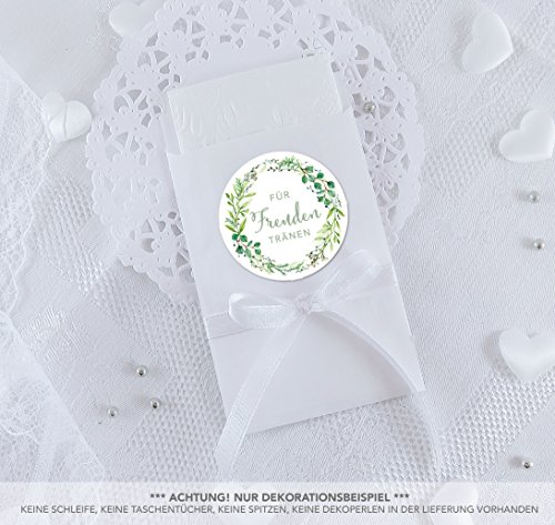 Freuden Tränen Taschentücher Set zur Hochzeit Groß 48 Sticker + 48 weiße Flachbeutel - 63 x 93 mm für Freudentränen Taschentuch Verpackungen Aufkleber in GRÜN WEIß mit Zweigen von fioniony