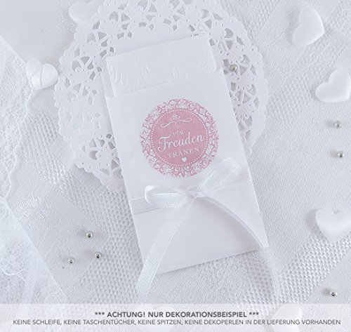Freuden Tränen Taschentücher Set zur Hochzeit Groß 48 Sticker + 48 weiße Flachbeutel - 63 x 93 mm für Freudentränen Taschentuch Verpackungen Aufkleber in ROSA mit Ornamenten im Shabby Chic Look Freuden Tränen Taschentücher Set zur Hochzeit Groß 48 Sticker + 48 weiße Flachbeutel - 63 x 93 mm für Freudentränen Taschentuch Verpackungen Aufkleber in ROSA mit Ornamenten im Shabby Chic Look von fioniony
