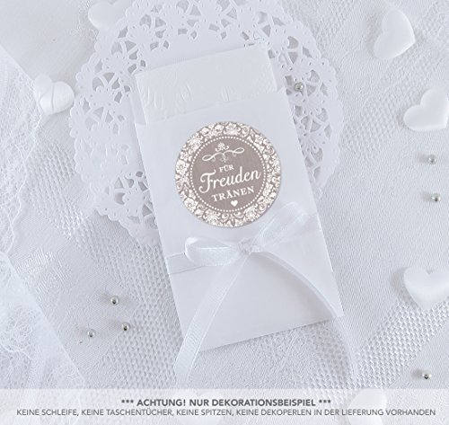 Freuden Tränen Taschentücher Set zur Hochzeit Groß 48 Sticker + 48 weiße Flachbeutel - 63 x 93 mm für Freudentränen Taschentuch Verpackungen Aufkleber mit Ornamenten im Vintage Look in SAND von fioniony