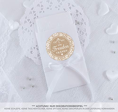 Freuden Tränen Taschentücher Set zur Hochzeit Groß 48 Sticker + 48 weiße Flachbeutel - Kraftpapier - 63 x 93 mm für Freudentränen Taschentuch Verpackungen Aufkleber NATUR WEIß KRAFTPAPIER LOOK von fioniony