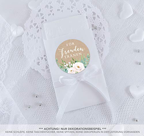 Freuden Tränen Taschentücher Set zur Hochzeit Klein 24 Sticker + 24 weiße Flachbeutel 63 x 93 mm Freudentränen Taschentuch Verpackung GRÜN WEIß BOHO HIPPIE ROSEN EUKALYPTUS BLÄTTER KRAFTPAPIER LOOK von fioniony