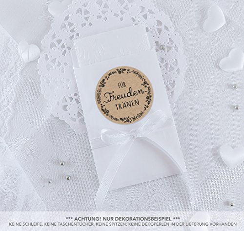 Freuden Tränen Taschentücher Set zur Hochzeit Klein 24 Sticker + 24 weiße Flachbeutel - 63 x 93 mm für Freudentränen Taschentuch Verpackungen Aufkleber in NATUR SCHWARZ Kraftpapier Look von fioniony