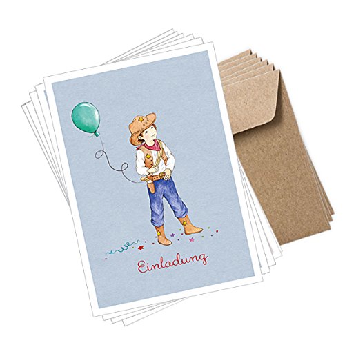 POSTKARTEN EINLADUNGS SET: 6 Postkarten/Einladungskarten + 6 braune Umschläge (Kraftpapier) mit Cowboy in BLAU • Für Einladungen zum Kindergeburtstag, Glückwunschkarten u.v.m. von fioniony