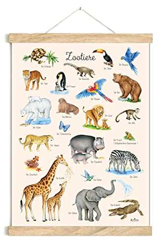 fioniony ZOOTIERE POSTER BEIGE 50 x 70 cm UNGERAHMT OHNE HOLZLEISTE Tierposter Lernposter Schulanfang 1. Klasse Kinderzimmer Weihnachtsdeko Baby Bilder Zoo Wald Safari Afrika Kindergarten von fioniony