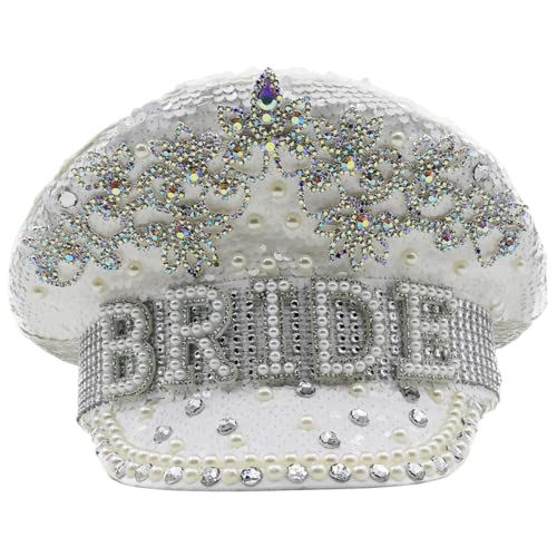 fkngcp Helle Glitzer Braut Hut weiße Perle Paillistin Braut Captain Hut zum Geschenk für Junggeselle Hen Party Hochzeitszubehör von fkngcp