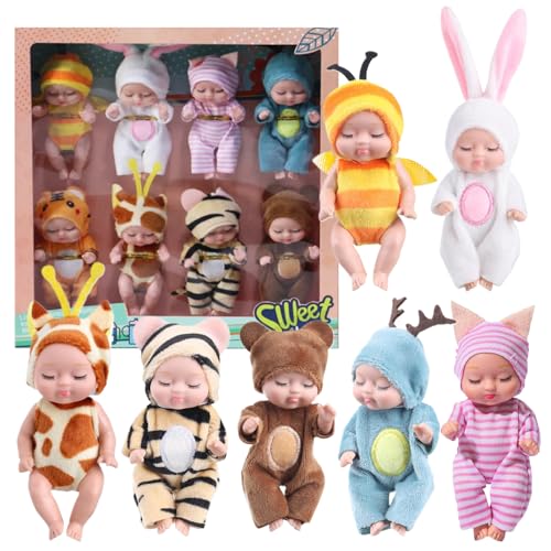 fkngcp Mini -Babypuppen, 8pcs 4, 3 Zoll winzige Babypuppe, potenzielle realistische Puppe mit tierischen Kleidung, süß für Kleinkinder Mädchen Kinder 3+, Geburtstagsgeschenke, Stil 1 von fkngcp