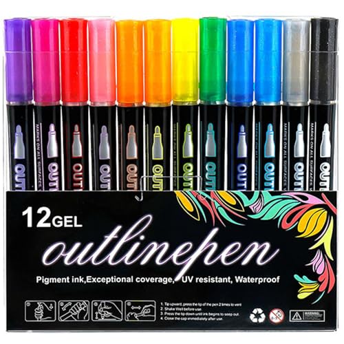 fkngcp Umrissmarkierungen mit doppelten Linien 12 Farben Metallic Highlighter Dreamy Glitter Highlighters Shimmer Marker für Kunst, Weihnachten, Grußkarten, DIY und Halloween Glitter Highlighter von fkngcp