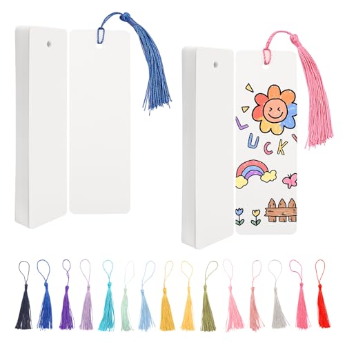 60 Pcs Blanko Lesezeichen mit 60 Bunten Quasten, Leeres Lesezeichen, Papier Lesezeichen Basteln mit Loch, Lesezeichen Rohlinge Set für DIY Handwerk Geschenkanhänger (Weiß, 14x5cm) von flewfun