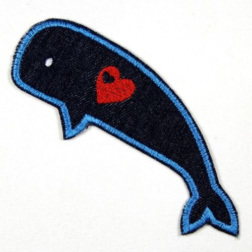 Bügelbild Wal Bügelflicken 5,5 x 15cm blau Fische Aufbügler mit Herz Jeans Flicken zum aufbügeln patches von Wertstueck Flickli