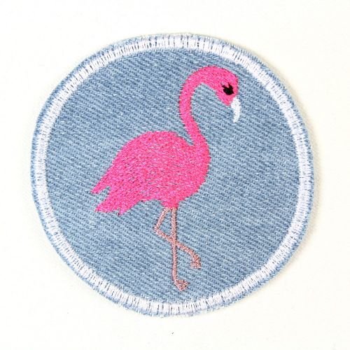 Buegelbild rund Flamingo Jeans Flicken zum aufbügeln ø 7cm hellblau Aufbuegler Patch Buegelflicken von Wertstueck Flickli