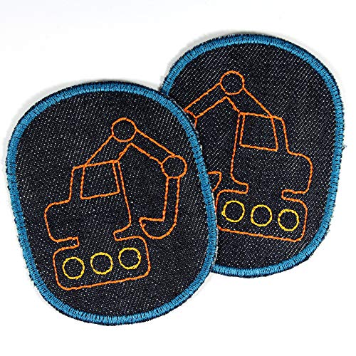 Flicken Aufbügler Bagger 10 x 8 cm Bügelflicken 2 Knieflicken Jeans für Kinder Baustelle Applikation und Bügelbild für Kinder patches zum aufbügeln feste Denim Jeans bestickte Hosenflicken Flickli von Wertstueck Flickli