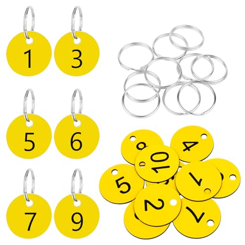 Flintronic 10 Stück Kunststoff Nummernschilder, ID-Nummernschilder aus Kunststoff, Kleine Wasserdichte Zahlenmarken, ID Tags mit Loch, mit Schlüsselringe, für Garderobe Hotel(Gelb, 1-10) von flintronic