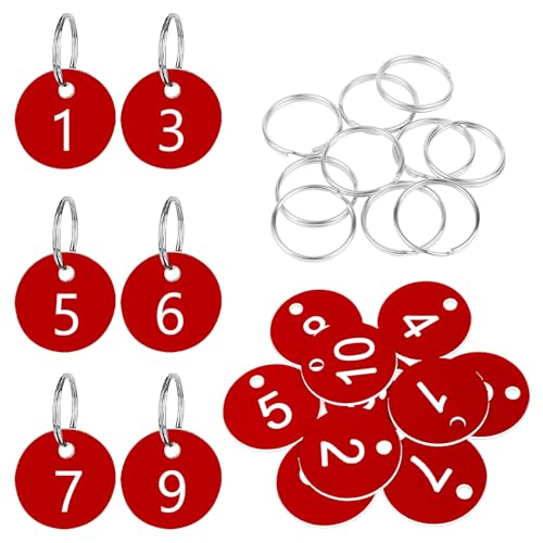 Flintronic 10 Stück Kunststoff Nummernschilder, ID-Nummernschilder aus Kunststoff, Kleine Wasserdichte Zahlenmarken, ID Tags mit Loch, mit Schlüsselringe, für Garderobe Hotel(Rot, 1-10) von flintronic
