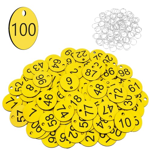 Flintronic 100 Stück Kunststoff Nummernschilder, ID-Nummernschilder aus Kunststoff, Kleine Wasserdichte Zahlenmarken, ID Tags mit Loch, mit Schlüsselringe, für Garderobe Hotel(Gelb, 1-100) von flintronic